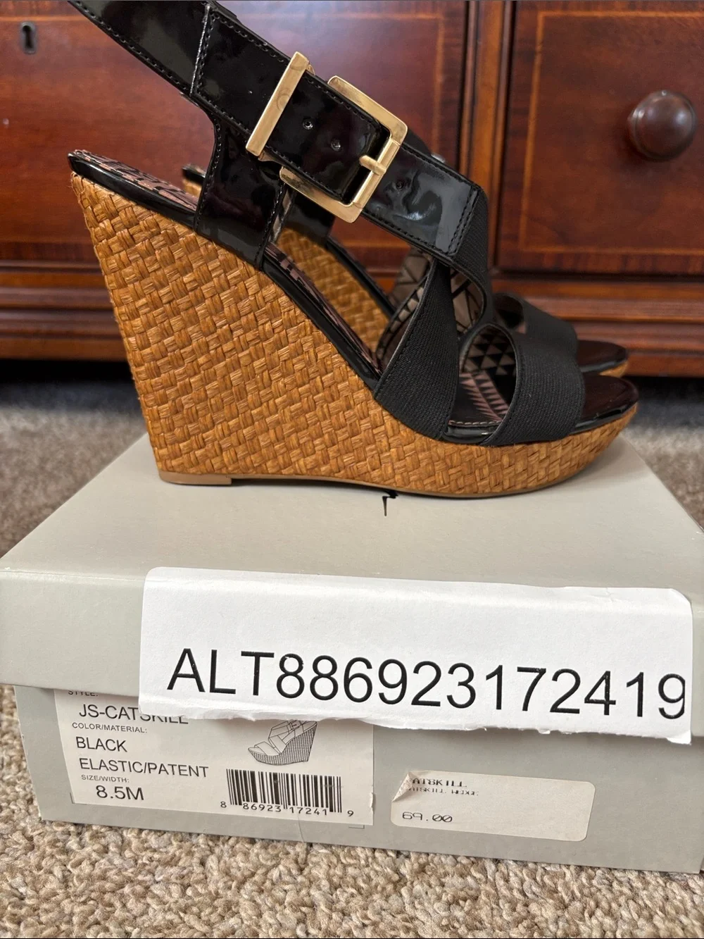 Jessica Simpson Black Patent & Woven Tan Wedge Sandals
